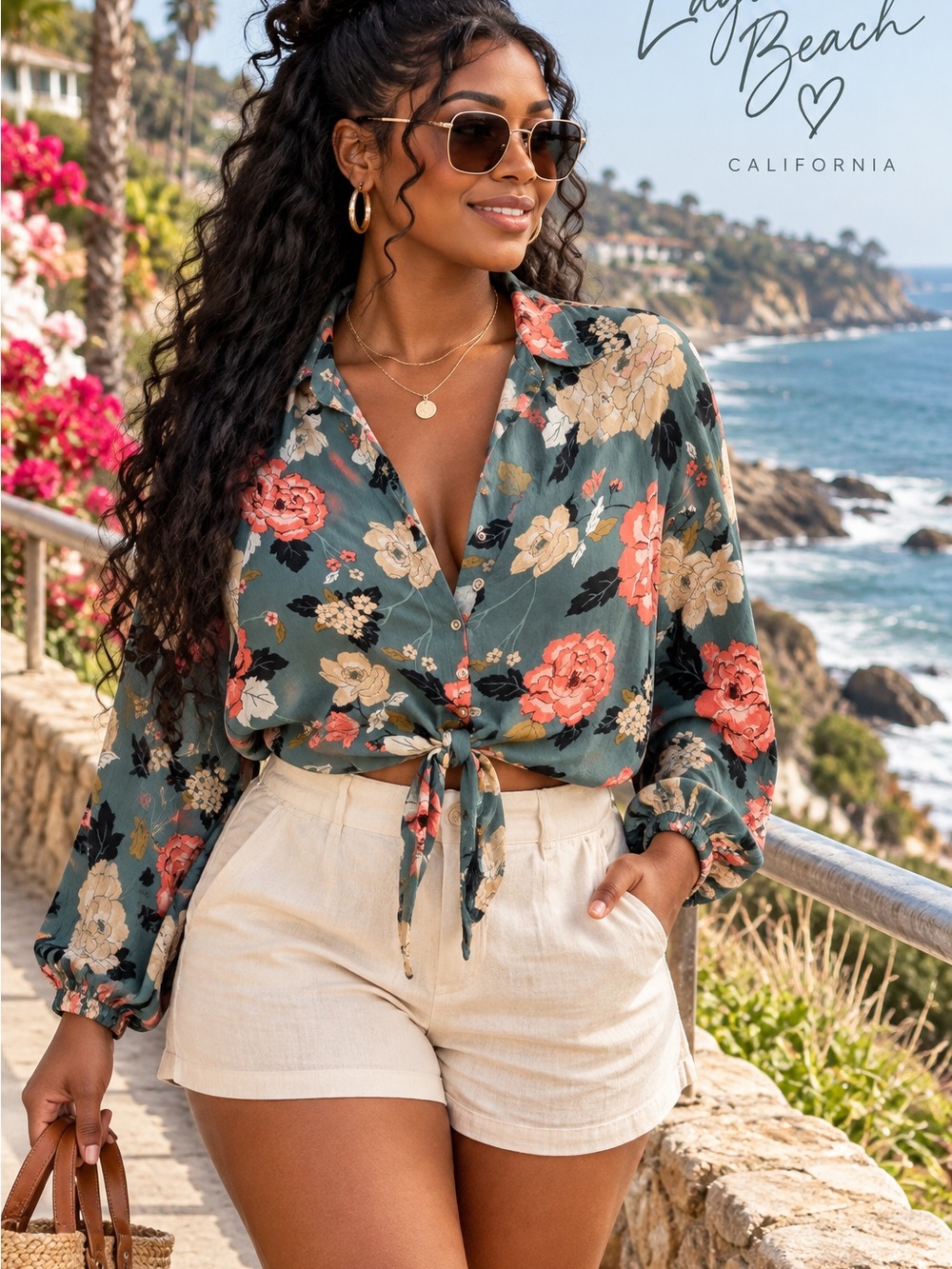 Billabong Floral Tie Front Blouse M 100% Rayon Boho Beach Long Sleeve